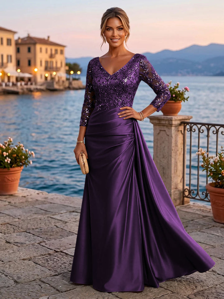 Satin Sheath V Neck Sequin Floral Pleats Evening Dresses