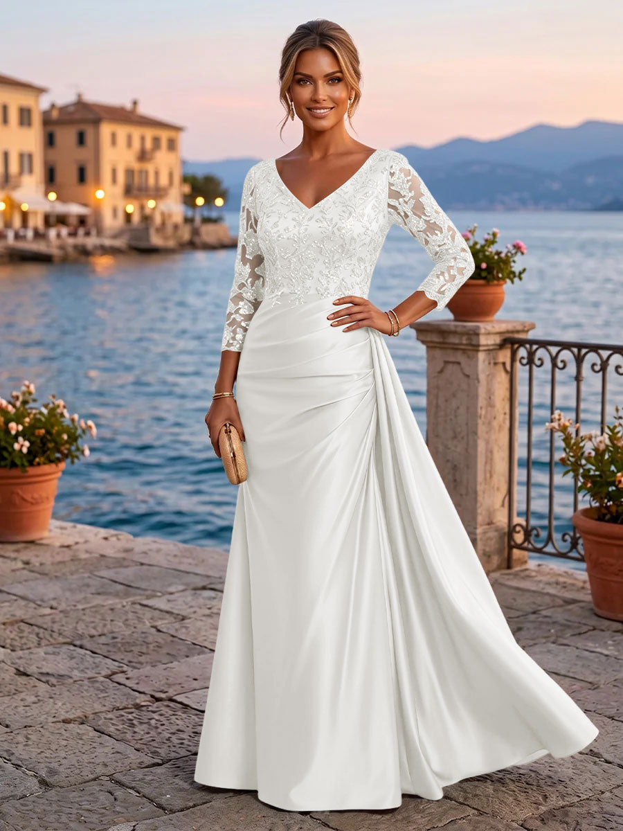 Satin Sheath V Neck Sequin Floral Pleats Evening Dresses