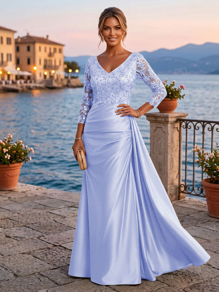 Satin Sheath V Neck Sequin Floral Pleats Evening Dresses
