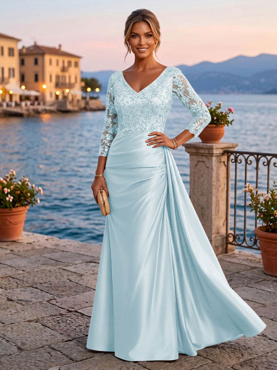 Satin Sheath V Neck Sequin Floral Pleats Evening Dresses