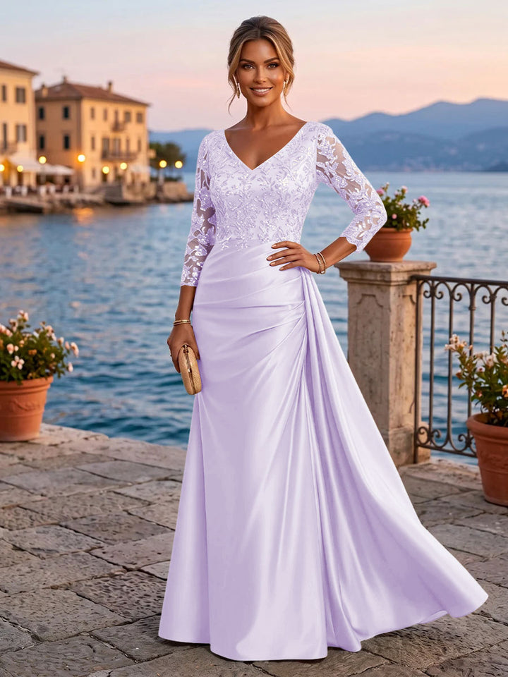 Satin Sheath V Neck Sequin Floral Pleats Evening Dresses
