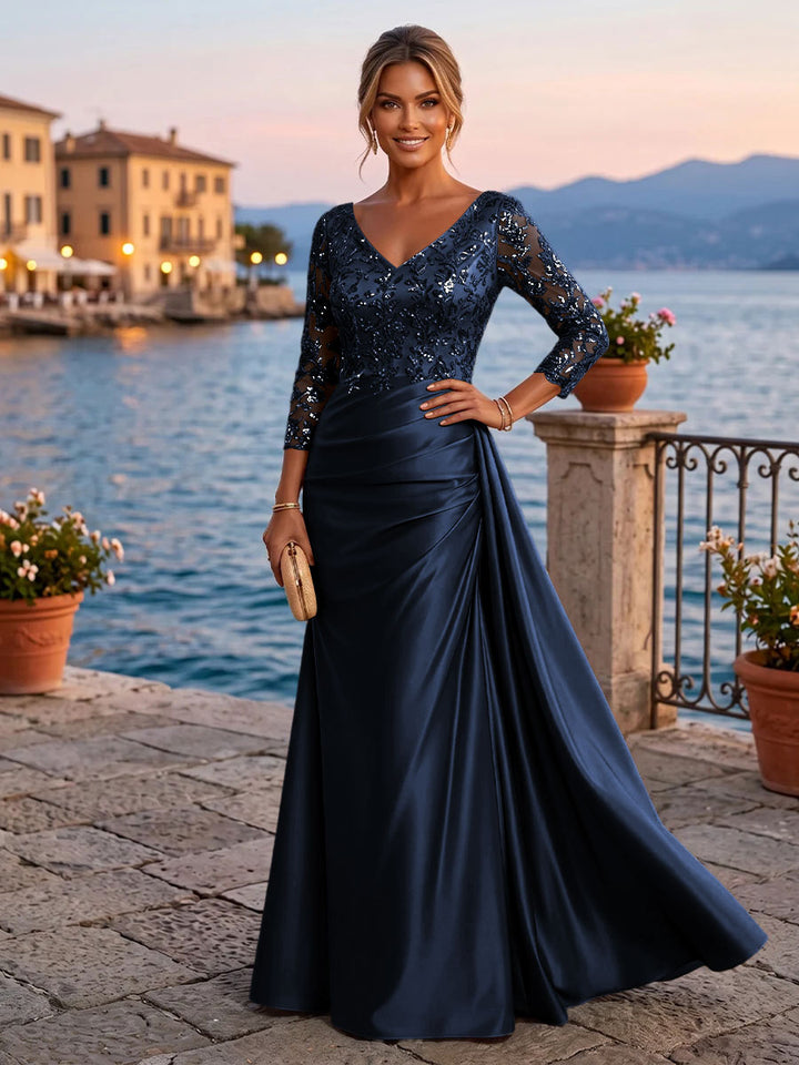 Satin Sheath V Neck Sequin Floral Pleats Evening Dresses