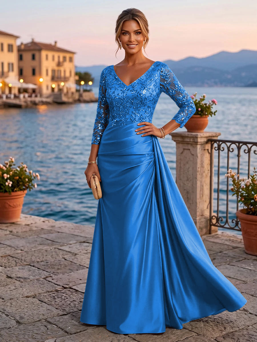 Satin Sheath V Neck Sequin Floral Pleats Evening Dresses