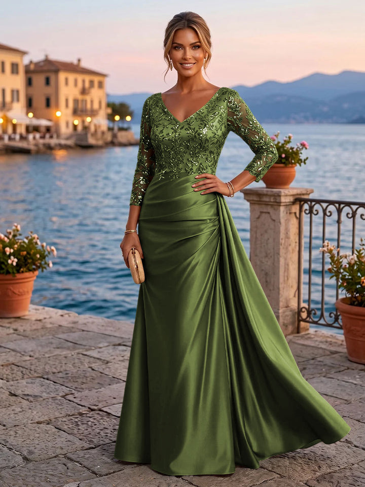 Satin Sheath V Neck Sequin Floral Pleats Evening Dresses
