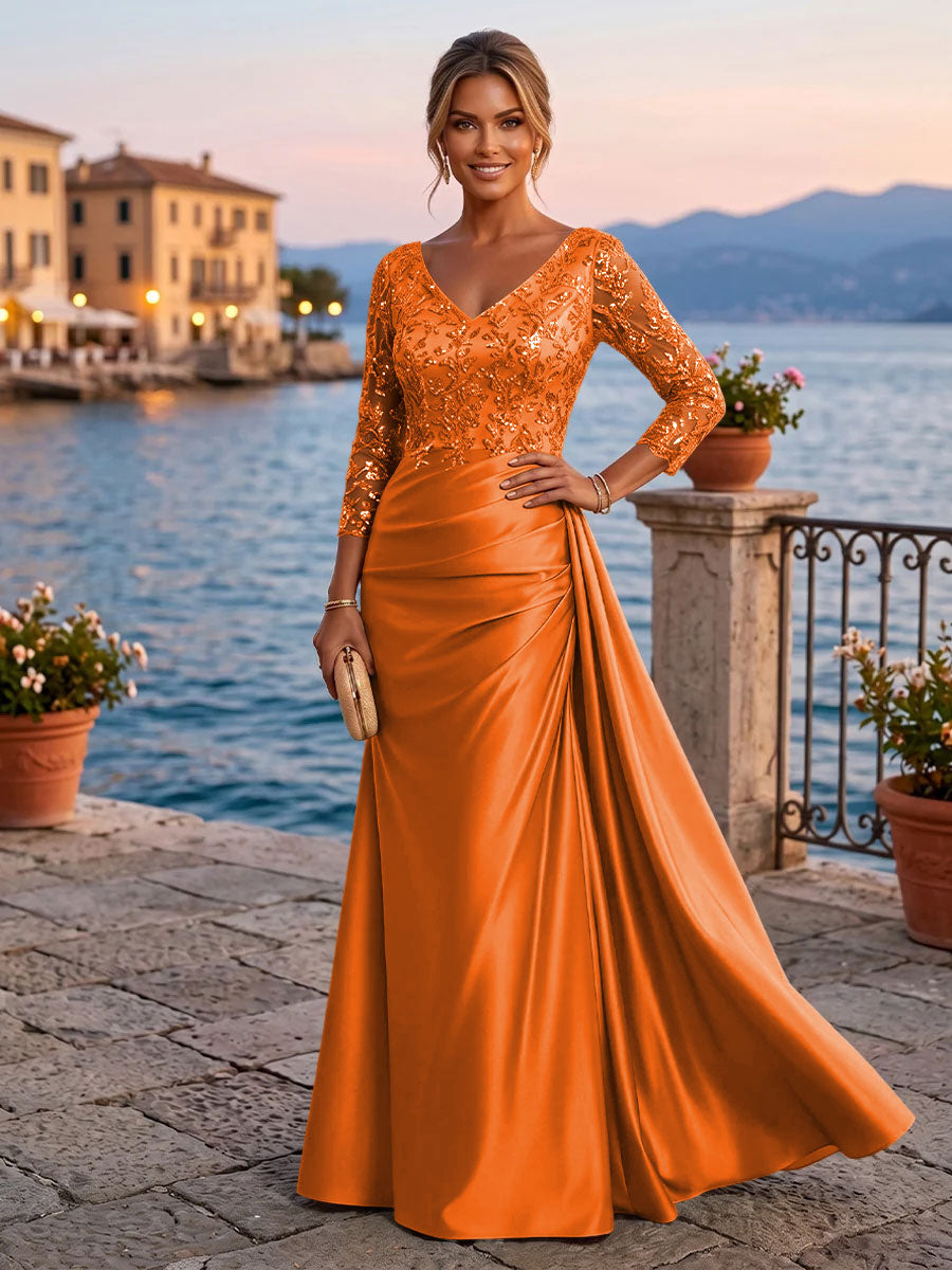 Satin Sheath V Neck Sequin Floral Pleats Evening Dresses