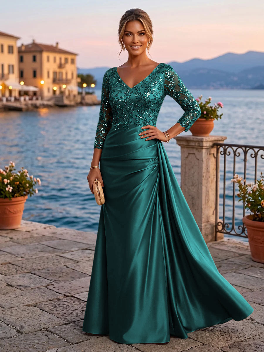 Satin Sheath V Neck Sequin Floral Pleats Evening Dresses