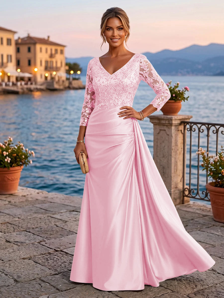 Satin Sheath V Neck Sequin Floral Pleats Evening Dresses