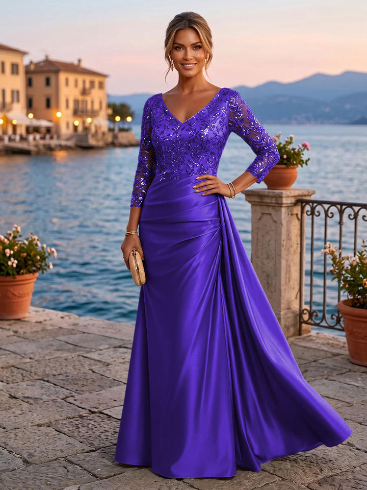 Satin Sheath V Neck Sequin Floral Pleats Evening Dresses