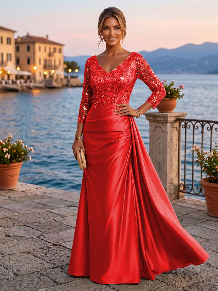 Satin Sheath V Neck Sequin Floral Pleats Evening Dresses