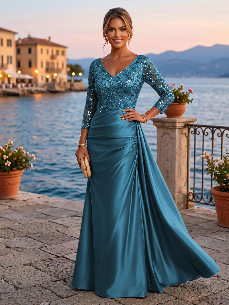 Satin Sheath V Neck Sequin Floral Pleats Evening Dresses