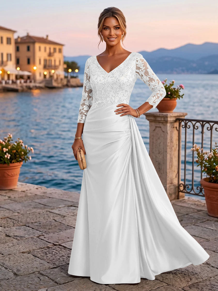 Satin Sheath V Neck Sequin Floral Pleats Evening Dresses