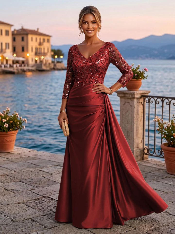 Satin Sheath V Neck Sequin Floral Pleats Evening Dresses