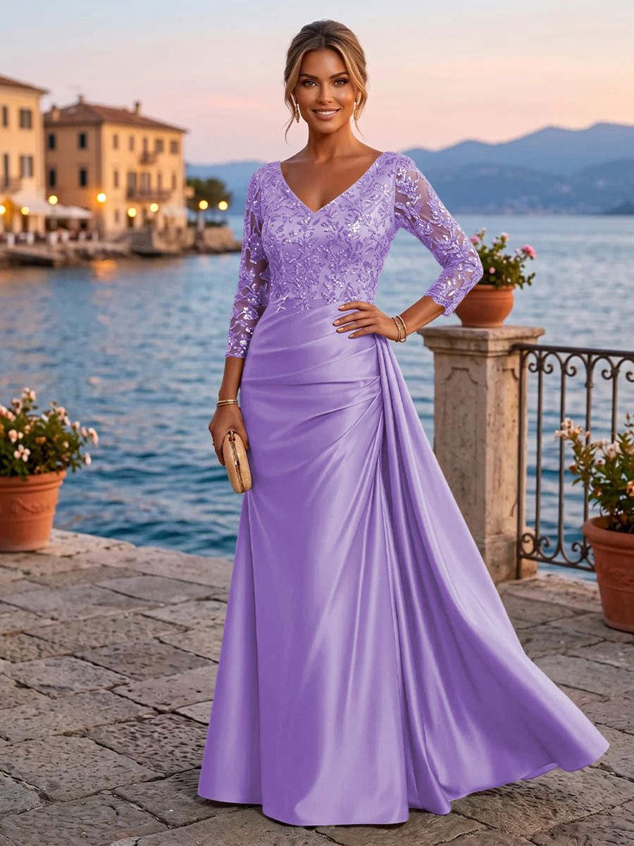 Satin Sheath V Neck Sequin Floral Pleats Evening Dresses