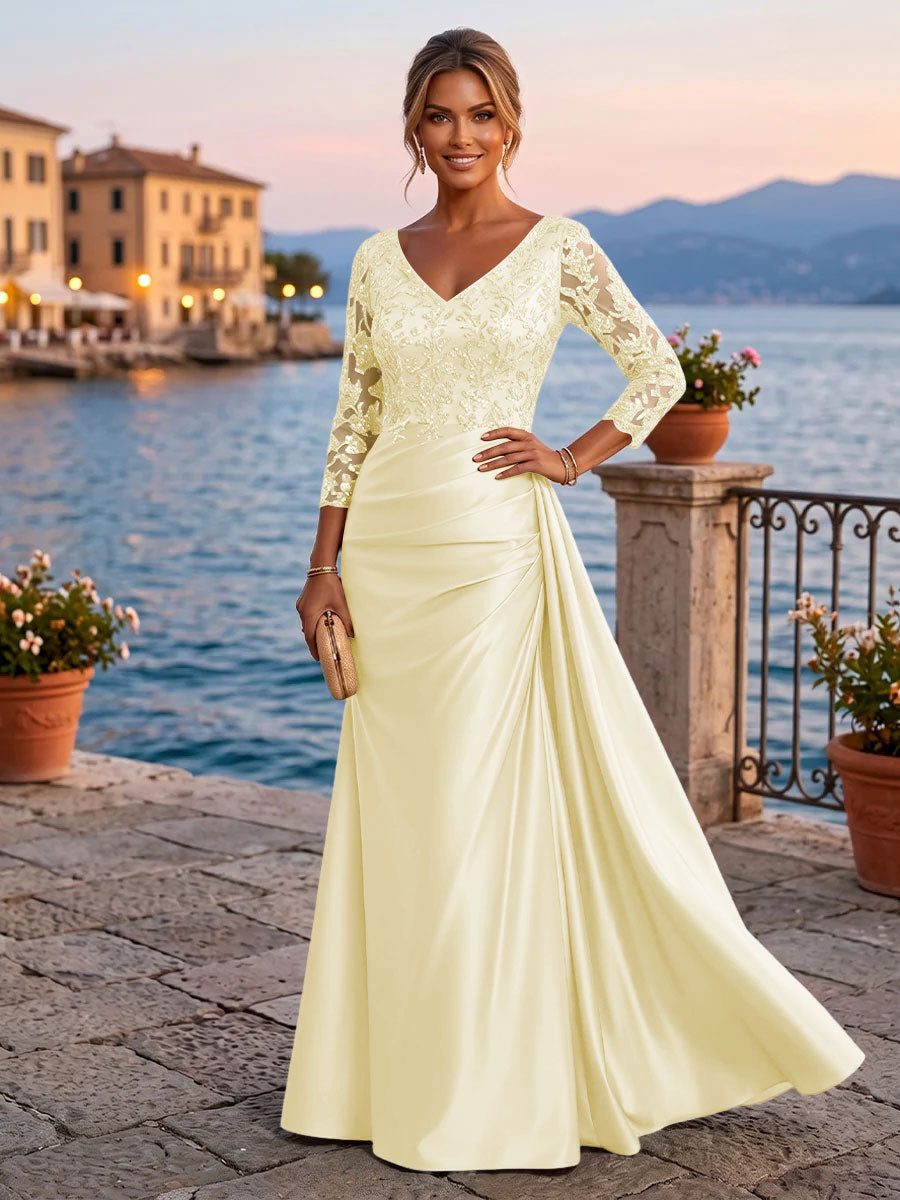 Satin Sheath V Neck Sequin Floral Pleats Evening Dresses