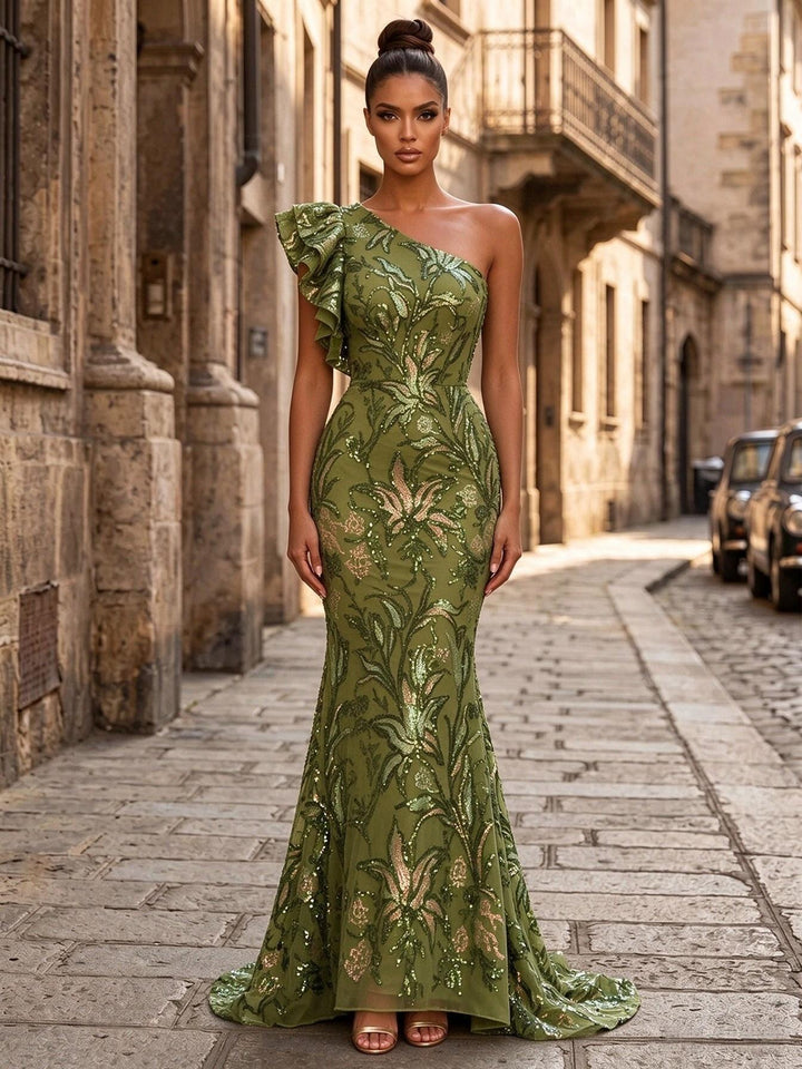 Sequin Floral Mermaid One Shoulder Ruffles Ruched Evening Dresses