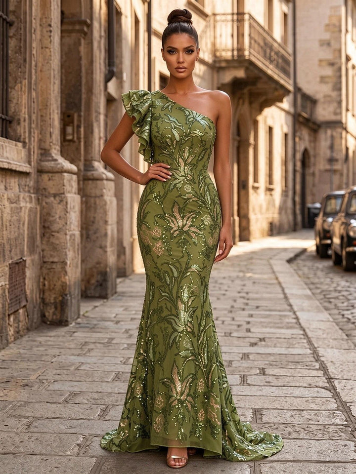 Sequin Floral Mermaid One Shoulder Ruffles Ruched Evening Dresses
