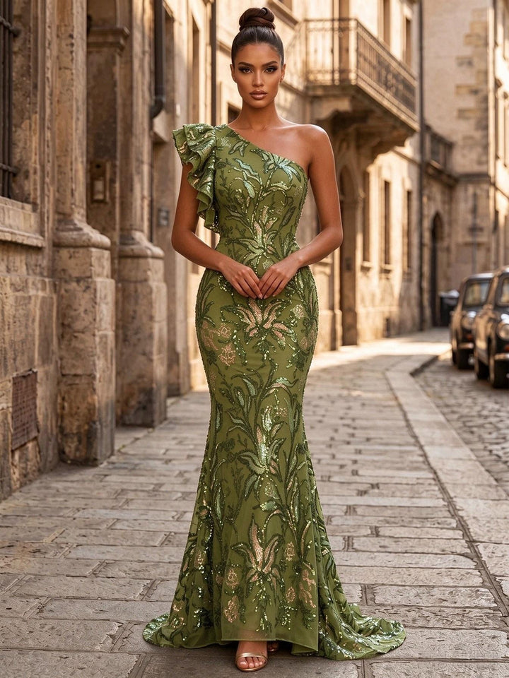 Sequin Floral Mermaid One Shoulder Ruffles Ruched Evening Dresses
