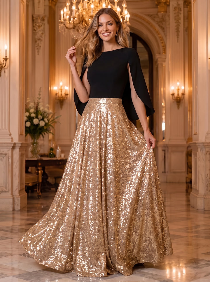 Sequin A Line Scoop Neck Cape Ruched Evening Dresses