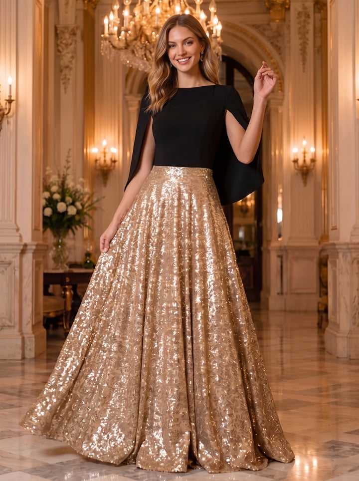 Sequin A Line Scoop Neck Cape Ruched Evening Dresses