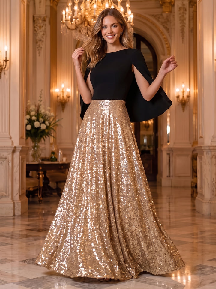 Sequin A Line Scoop Neck Cape Ruched Evening Dresses