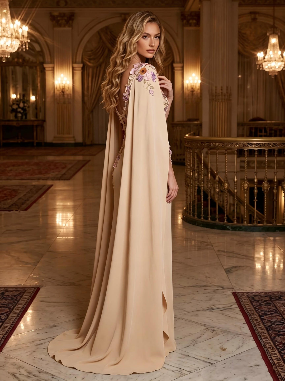 Chiffon Sheath Square Neck Cape Ruched Evening Dresses