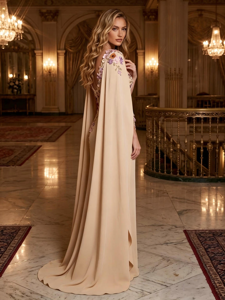Chiffon Sheath Square Neck Cape Ruched Evening Dresses