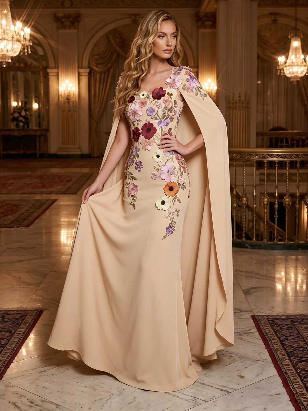 Chiffon Sheath Square Neck Cape Ruched Evening Dresses
