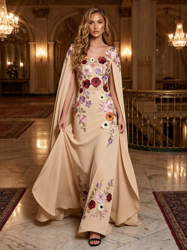 Chiffon Sheath Square Neck Cape Ruched Evening Dresses