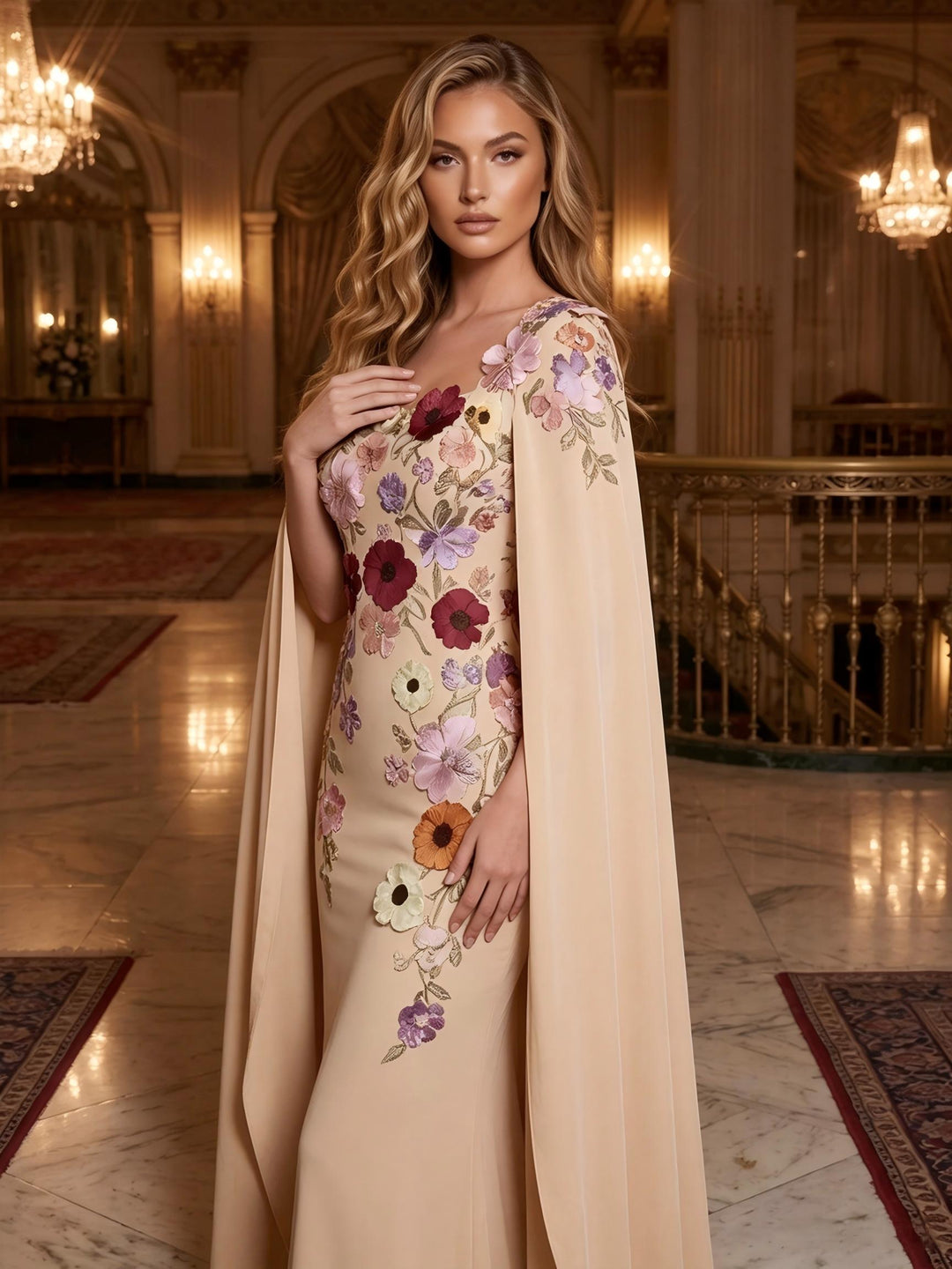 Chiffon Sheath Square Neck Cape Ruched Evening Dresses