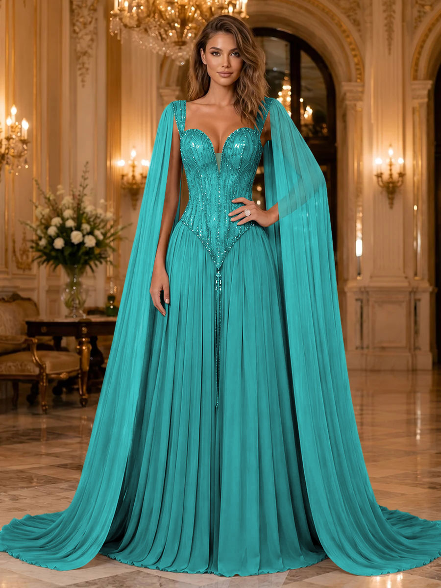 Chiffon A Line Sweetheart Sequin Pleats Evening Dresses