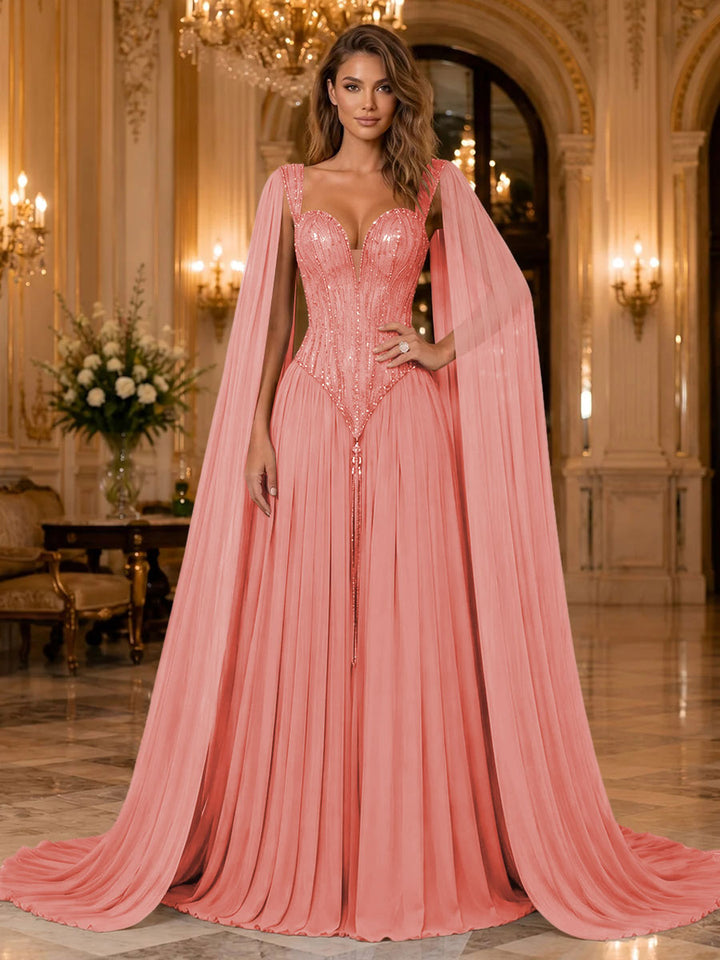 Chiffon A Line Sweetheart Sequin Pleats Evening Dresses