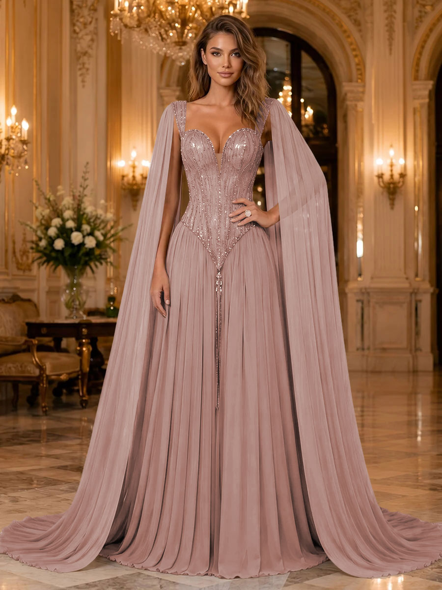 Chiffon A Line Sweetheart Sequin Pleats Evening Dresses