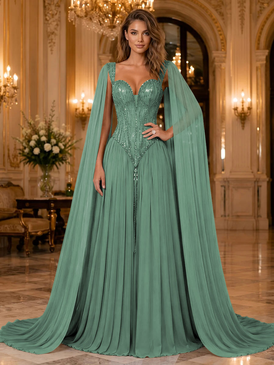 Chiffon A Line Sweetheart Sequin Pleats Evening Dresses
