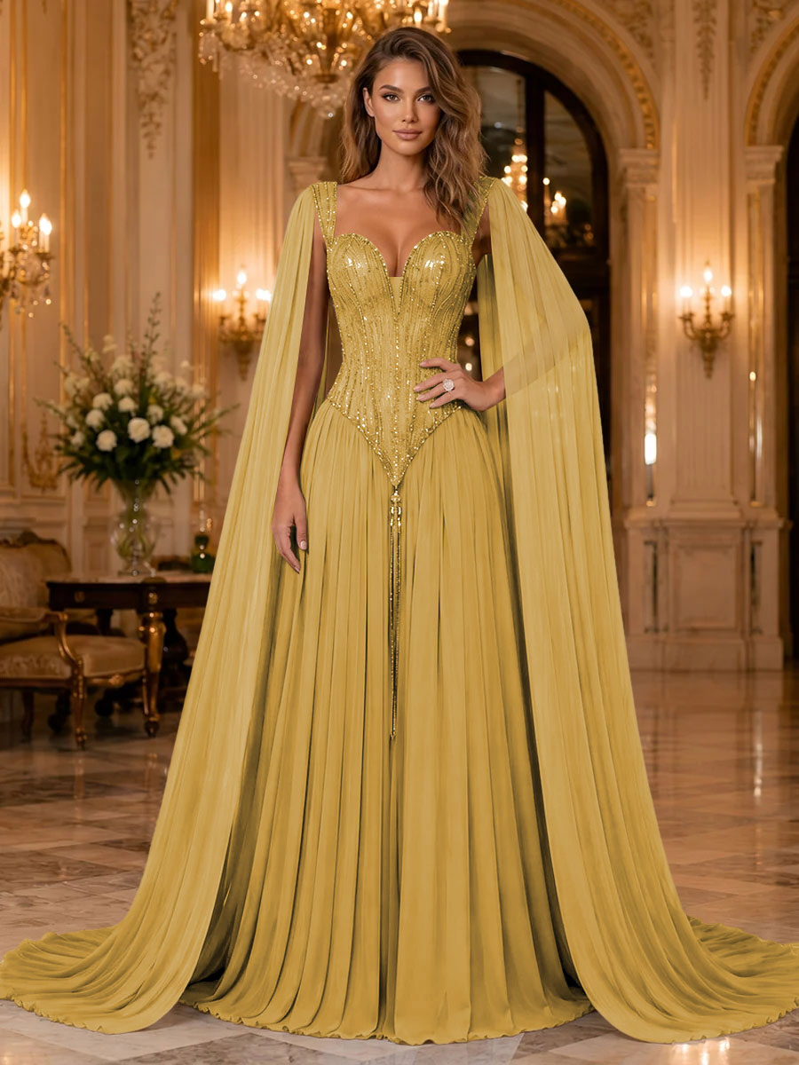 Chiffon A Line Sweetheart Sequin Pleats Evening Dresses