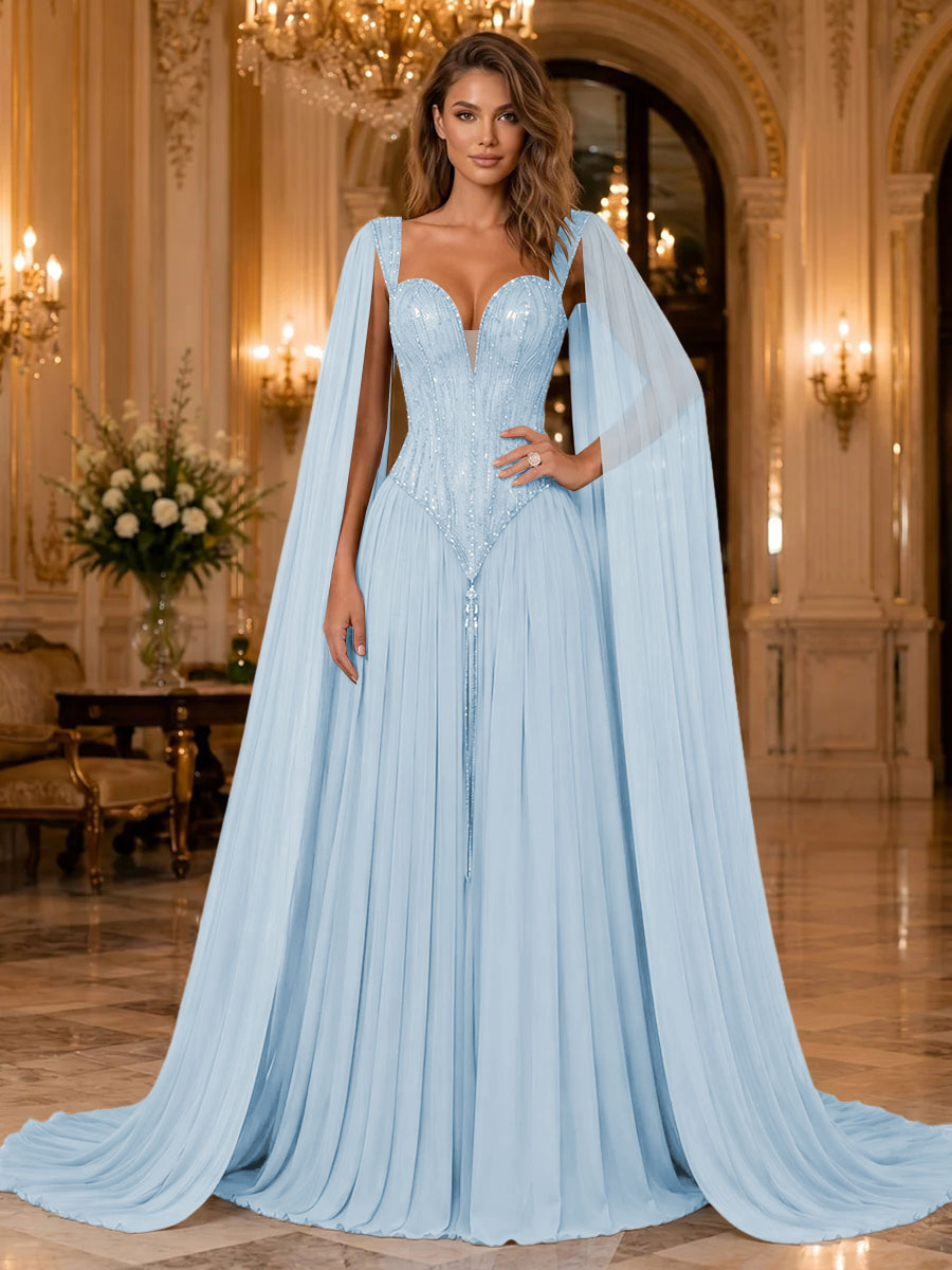 Chiffon A Line Sweetheart Sequin Pleats Evening Dresses