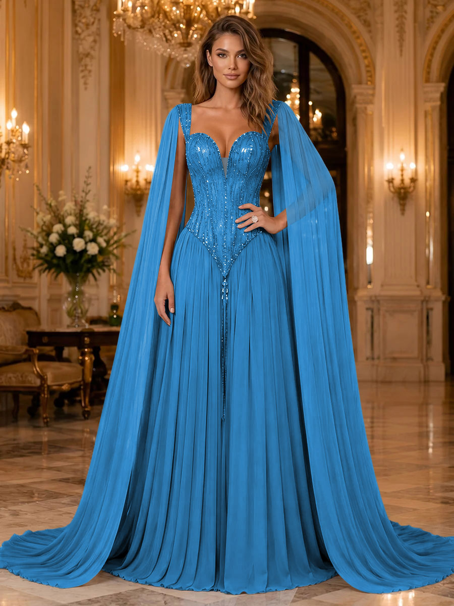 Chiffon A Line Sweetheart Sequin Pleats Evening Dresses