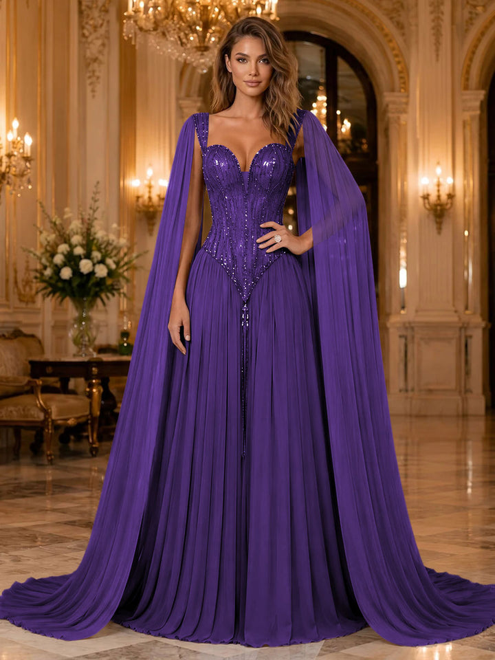 Chiffon A Line Sweetheart Sequin Pleats Evening Dresses