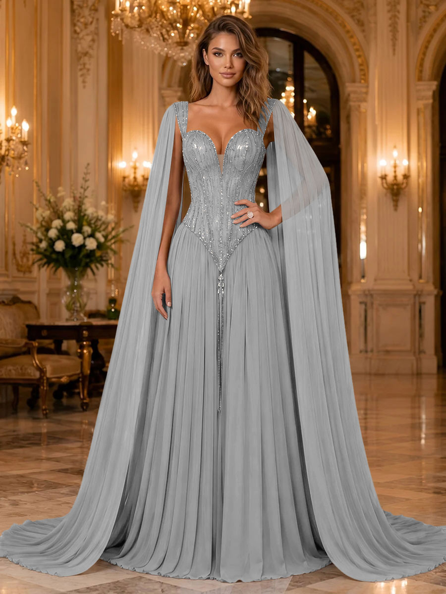 Chiffon A Line Sweetheart Sequin Pleats Evening Dresses
