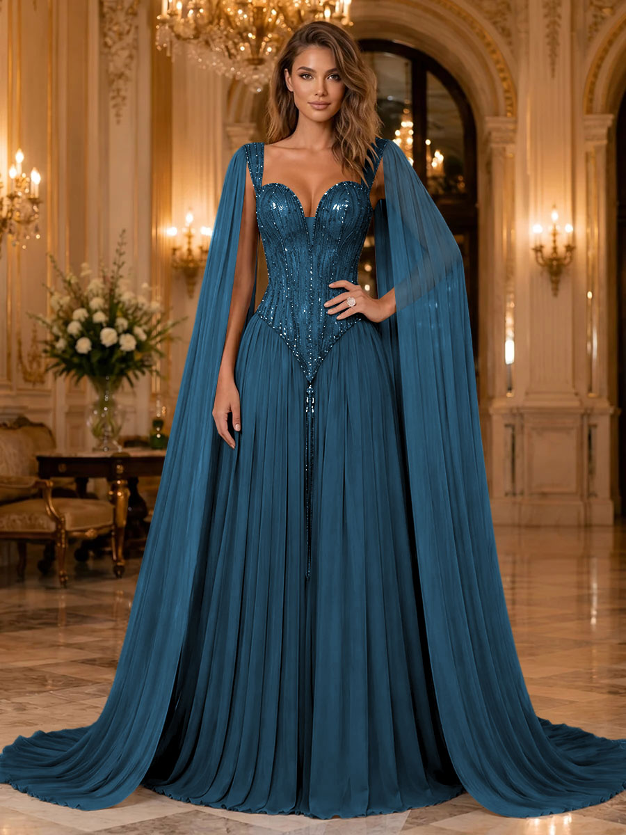 Chiffon A Line Sweetheart Sequin Pleats Evening Dresses