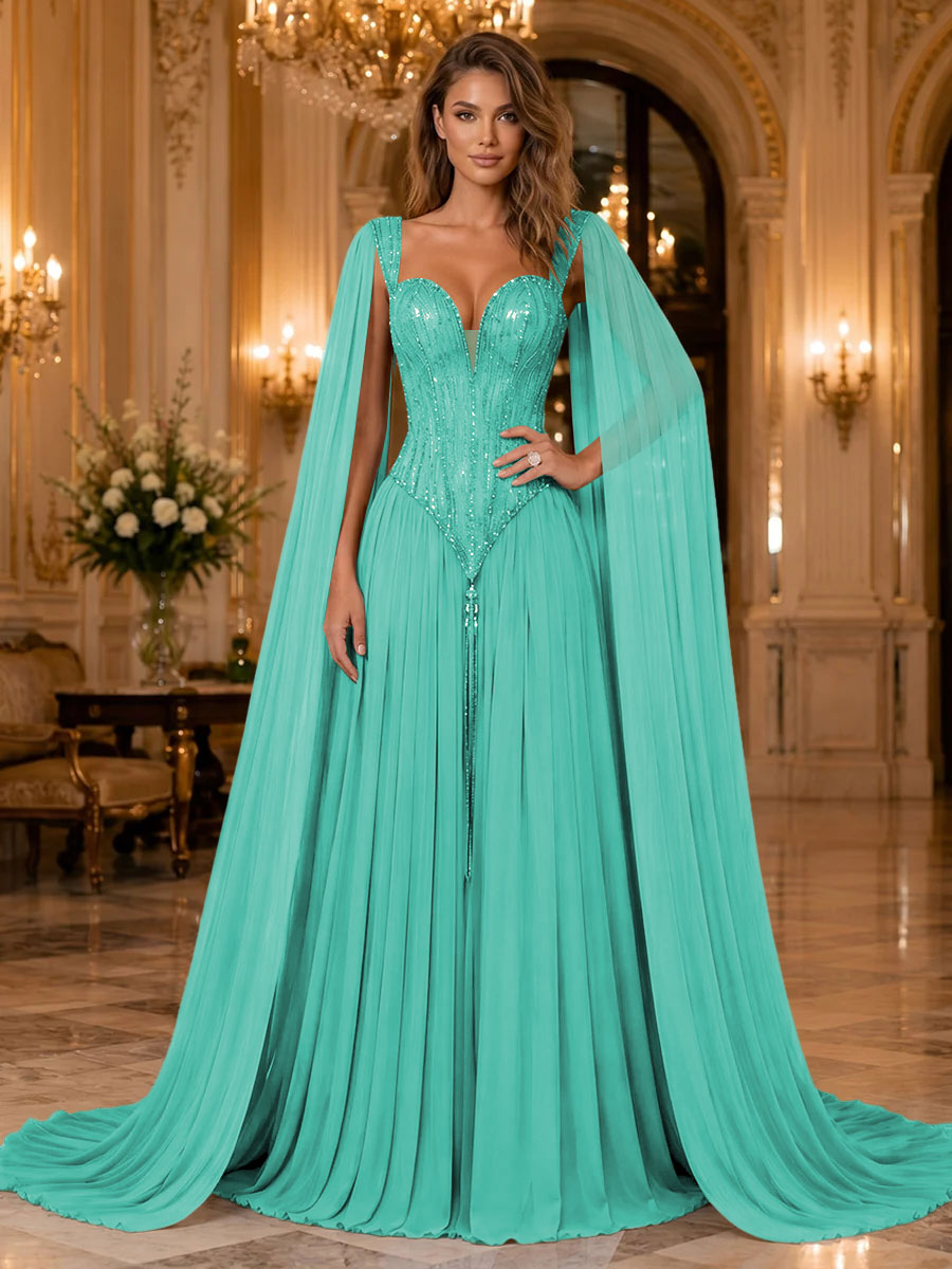 Chiffon A Line Sweetheart Sequin Pleats Evening Dresses