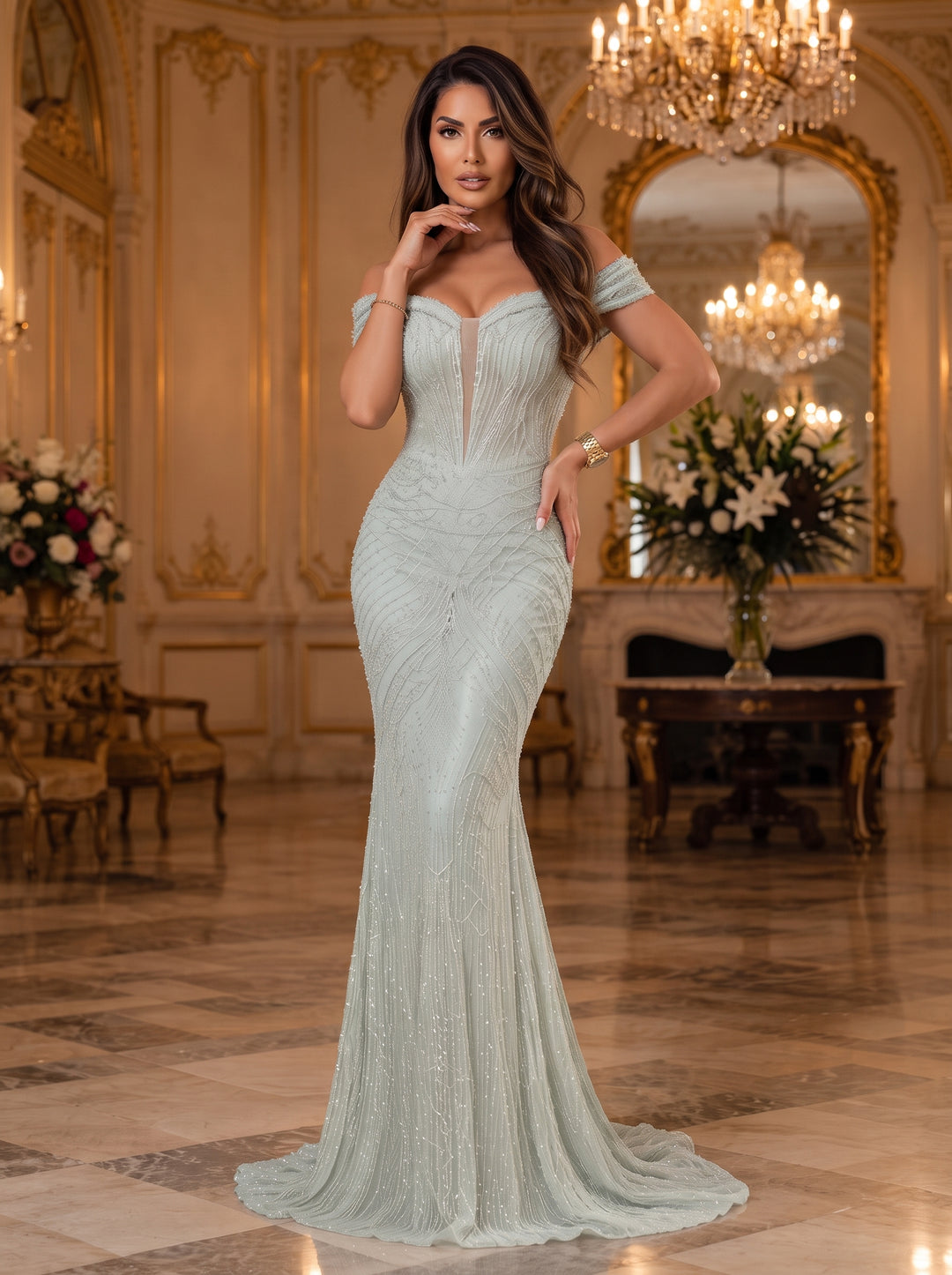 Sequin Mermaid Off the Shoulder Cut Out Ruched Evening Dresses
