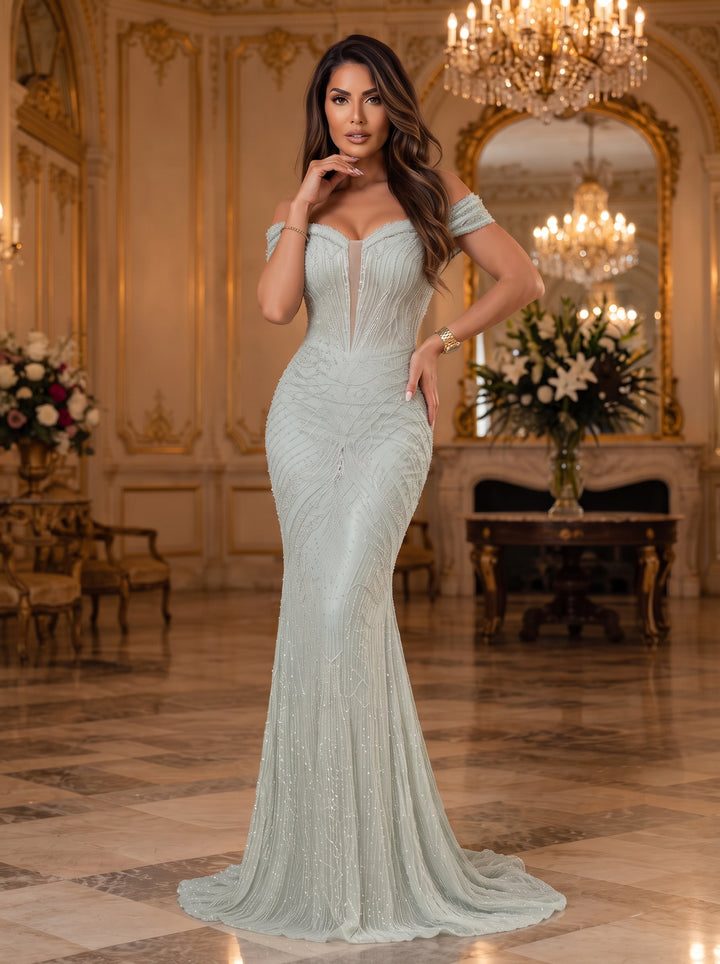 Sequin Mermaid Off the Shoulder Cut Out Ruched Evening Dresses