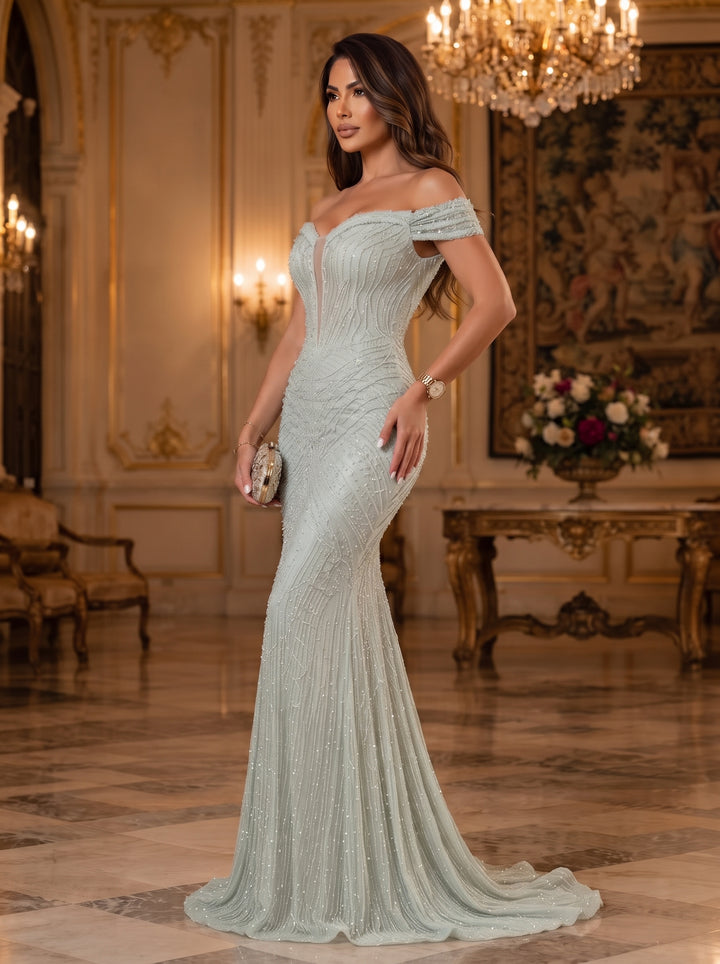 Sequin Mermaid Off the Shoulder Cut Out Ruched Evening Dresses