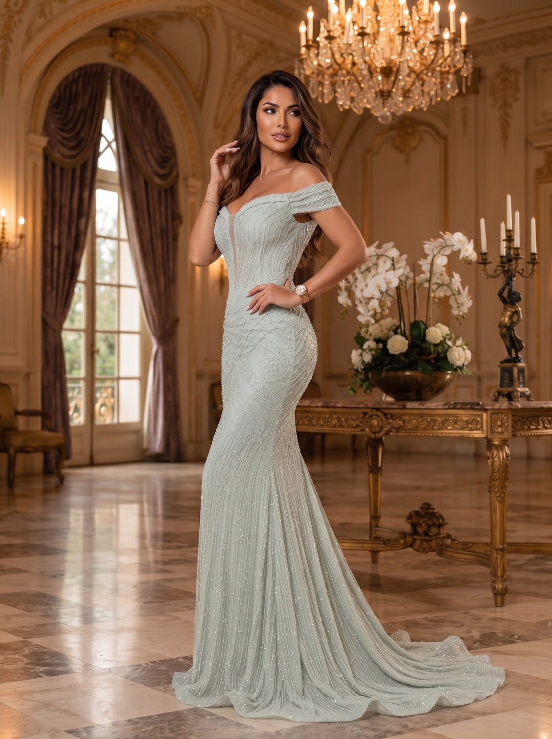 Sequin Mermaid Off the Shoulder Cut Out Ruched Evening Dresses