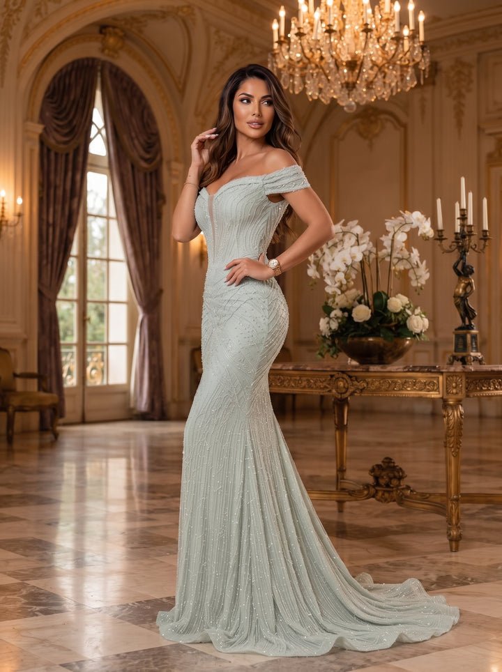 Sequin Mermaid Off the Shoulder Cut Out Ruched Evening Dresses