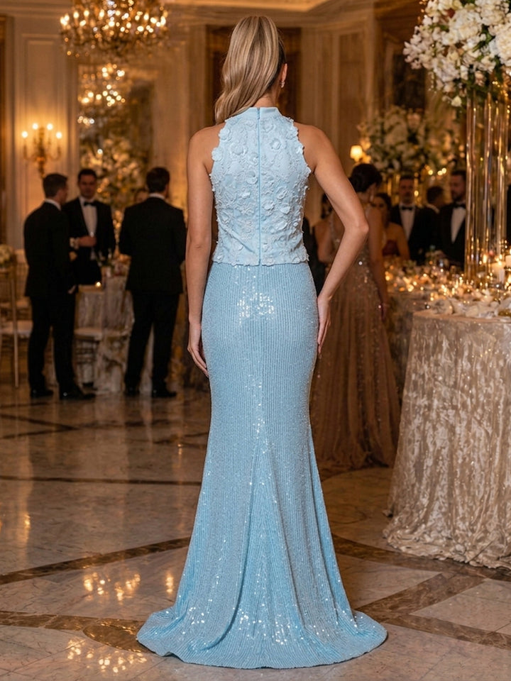 Sequin Mermaid Halter 3D Flowers Ruched Evening Dresses