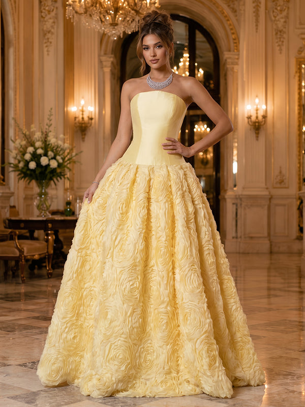 3D Flower Appliques A Line Strapless Pleats Ruched Evening Dresses