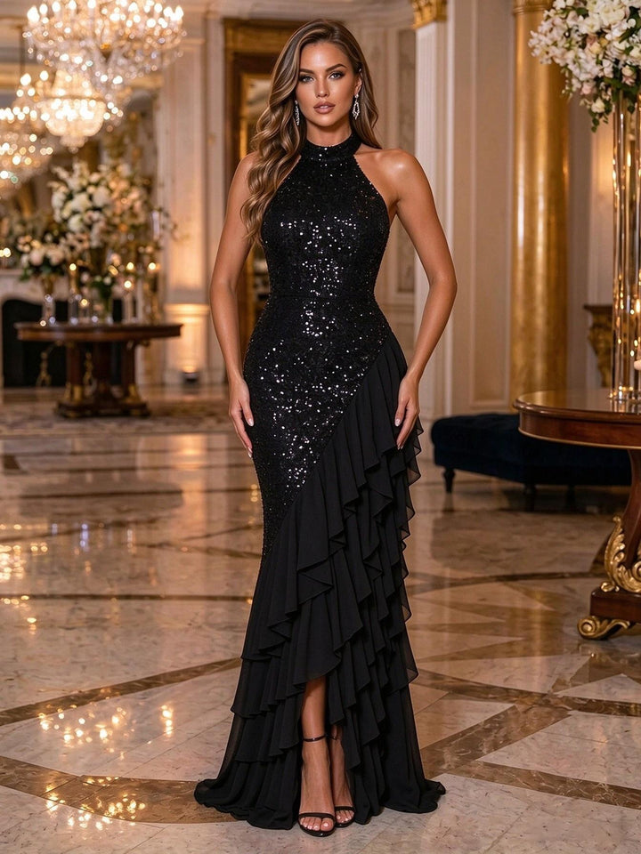 Chiffon Mermaid Halter Sequin Ruffles Evening Dresses