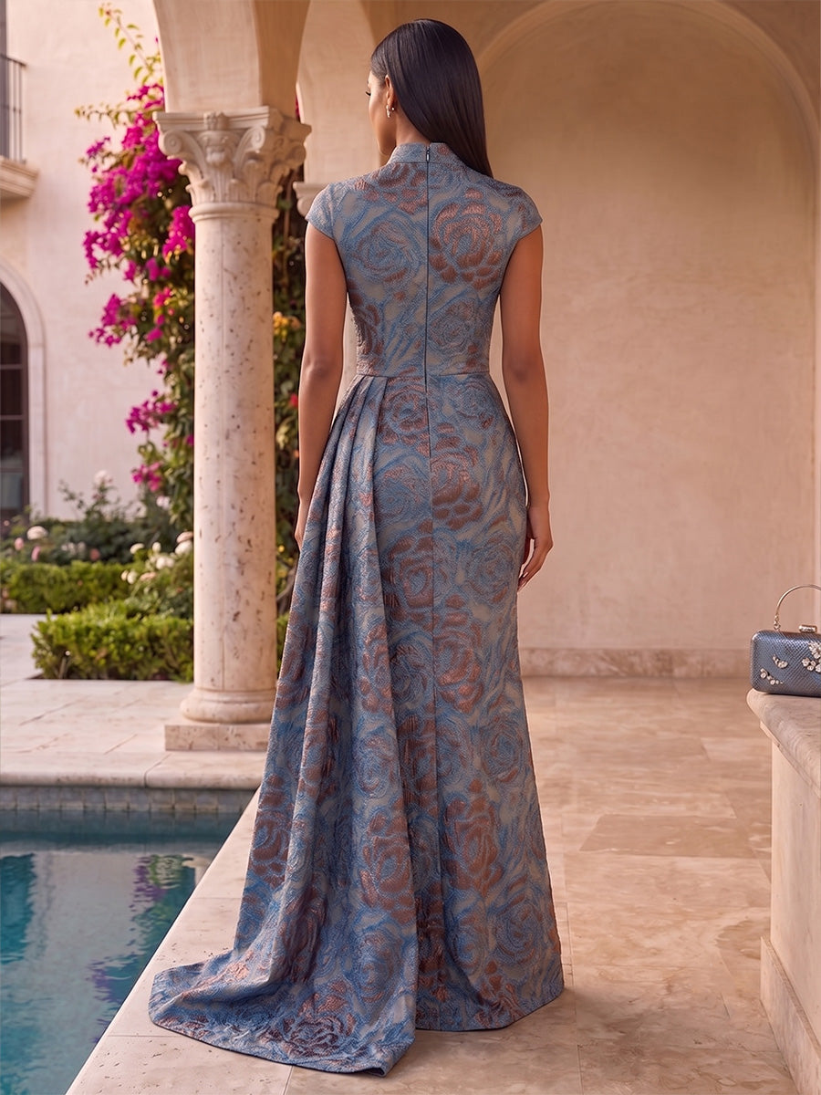 Satin Jacquard Mermaid Stand Collar Pleats Evening Dresses