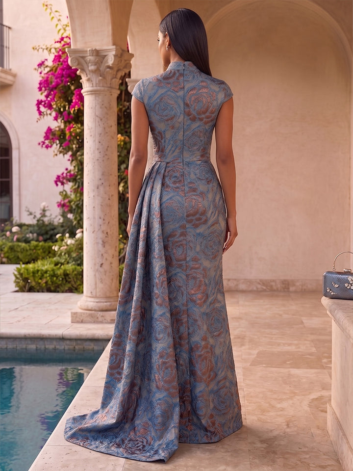 Satin Jacquard Mermaid Stand Collar Pleats Evening Dresses
